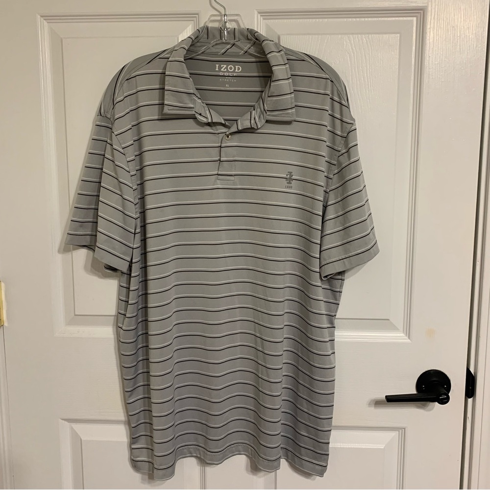 IZOD Men's Gray Striped Polo Shirt XL Golf Athletic Lightweight
